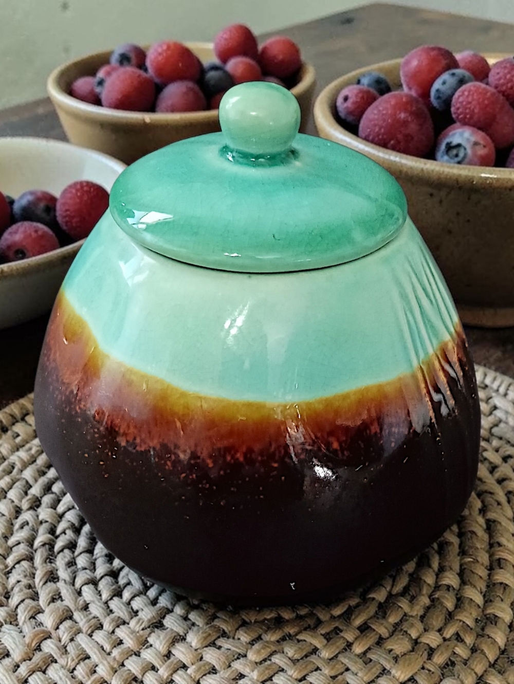 Baum Galaxy Jade Sugar Bowl With Lid Aqua Brown Pottery Farmhouse Rustic Boho‎